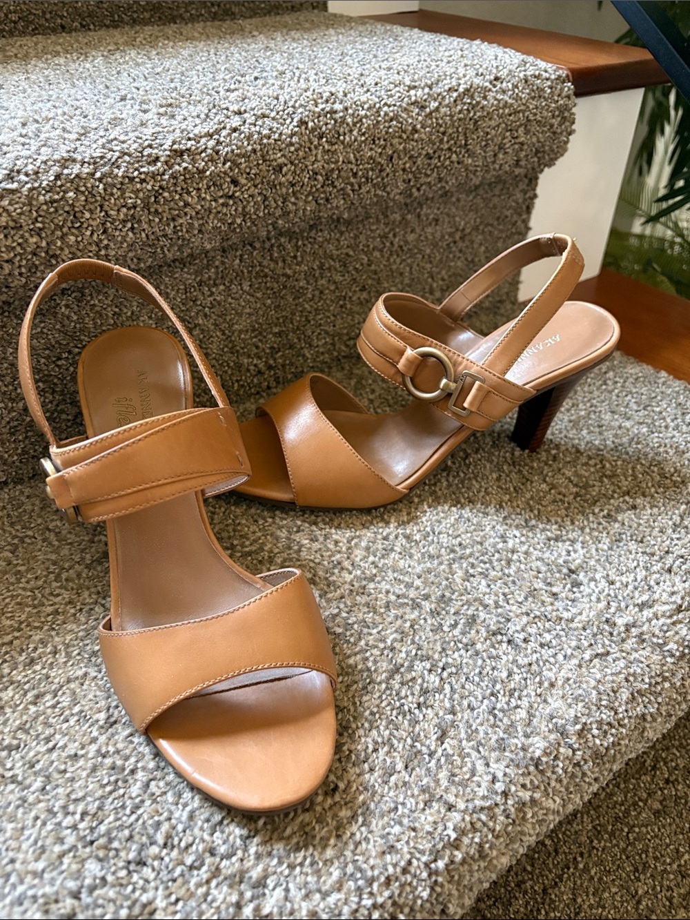Anne Klein Tan Leather Open-Toe Slingback Heels